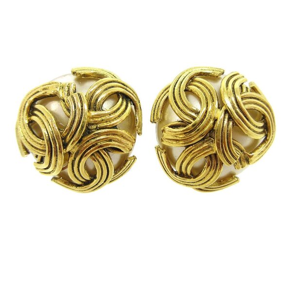 Chanel Triple CC Artificial Pearl Button Earrings Clip-On Gold 94A 70221 - Picture 1 of 4
